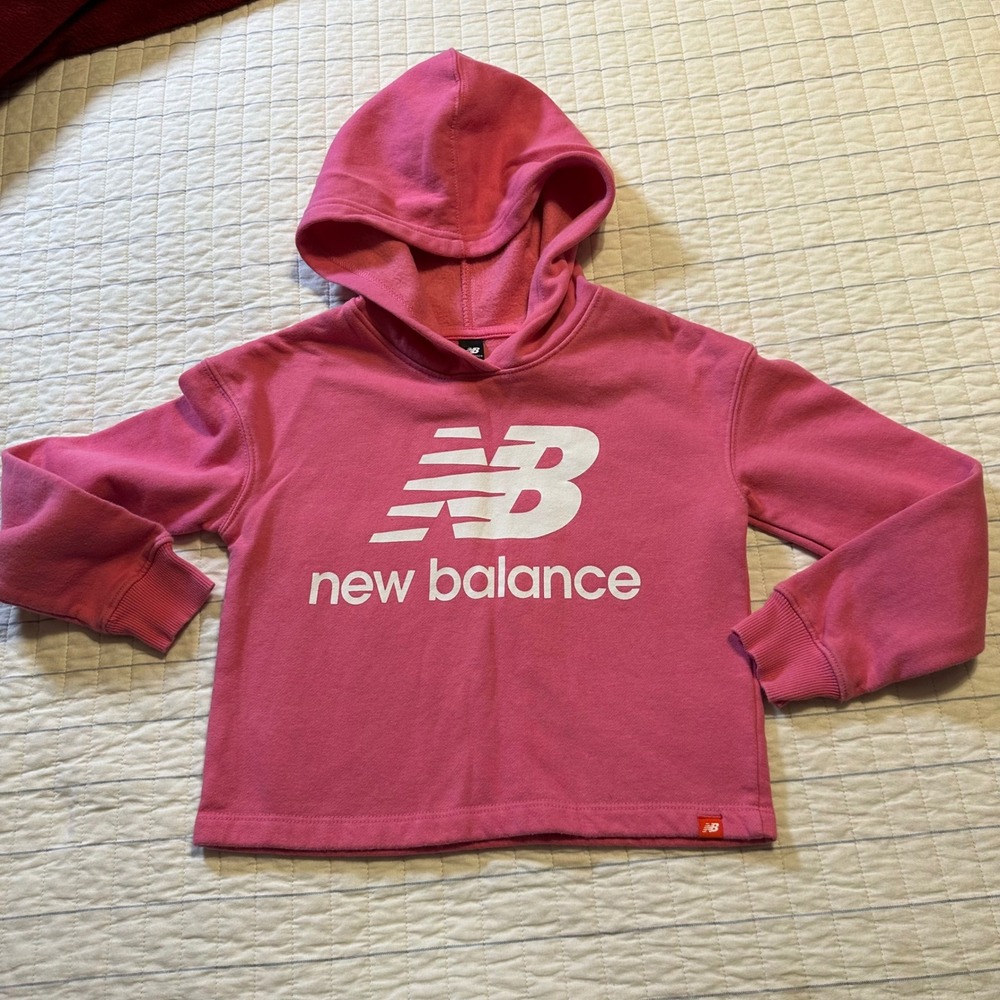 New Balance Girls Pink Logo‎ Fleece Hoodie Sweatshirt Size S 7/8